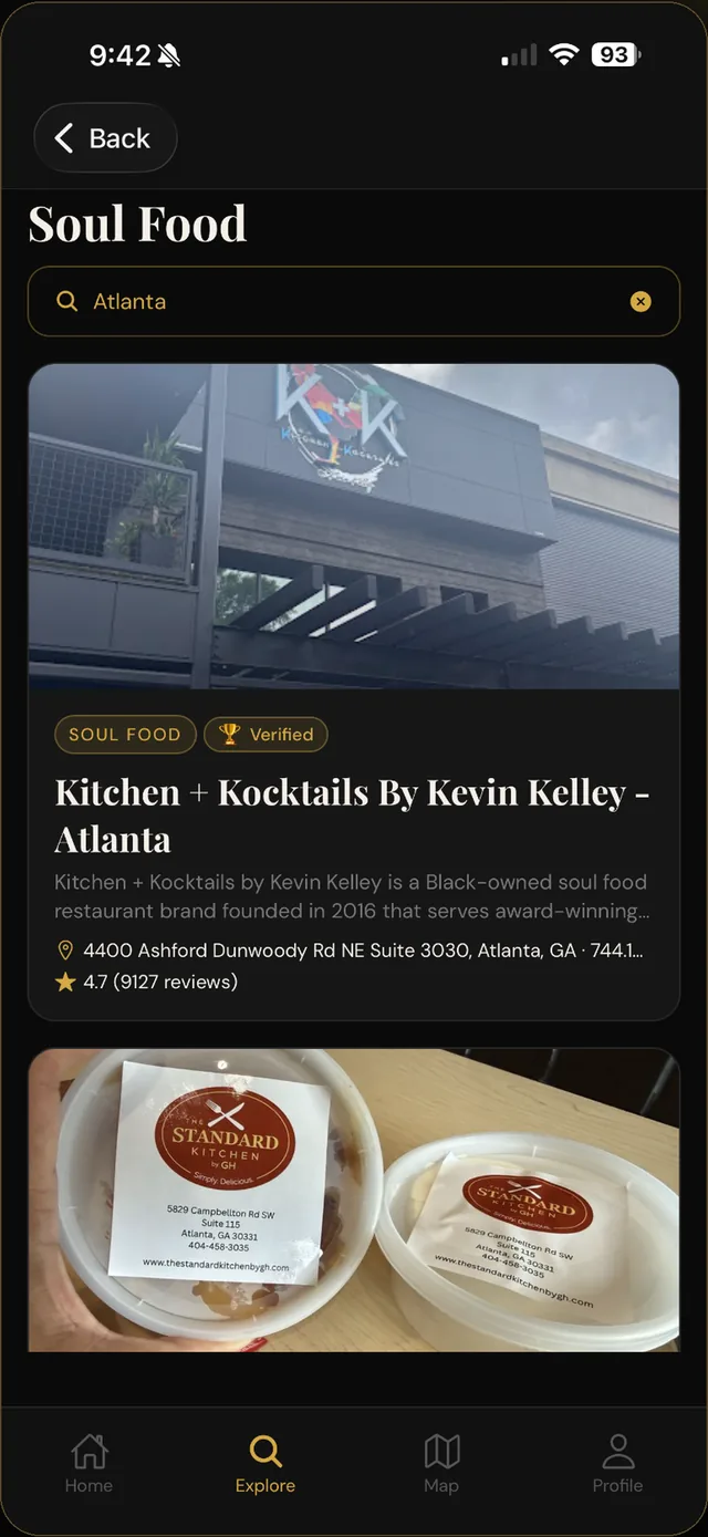 BlackKarat Explore results showing Black-owned restaurants in Atlanta
