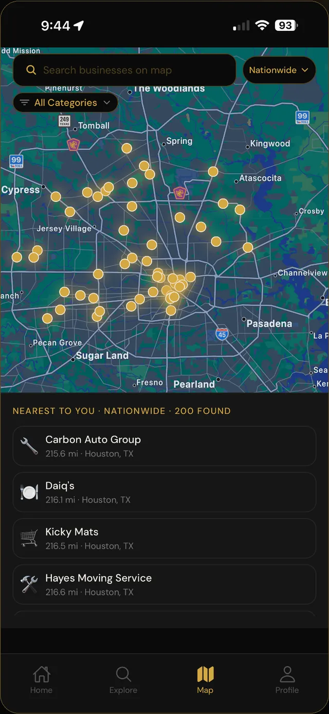 BlackKarat map with business locations around Houston